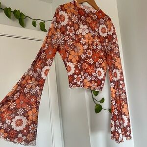 Floral Mesh Long-Sleeve Top in Orange and Brown